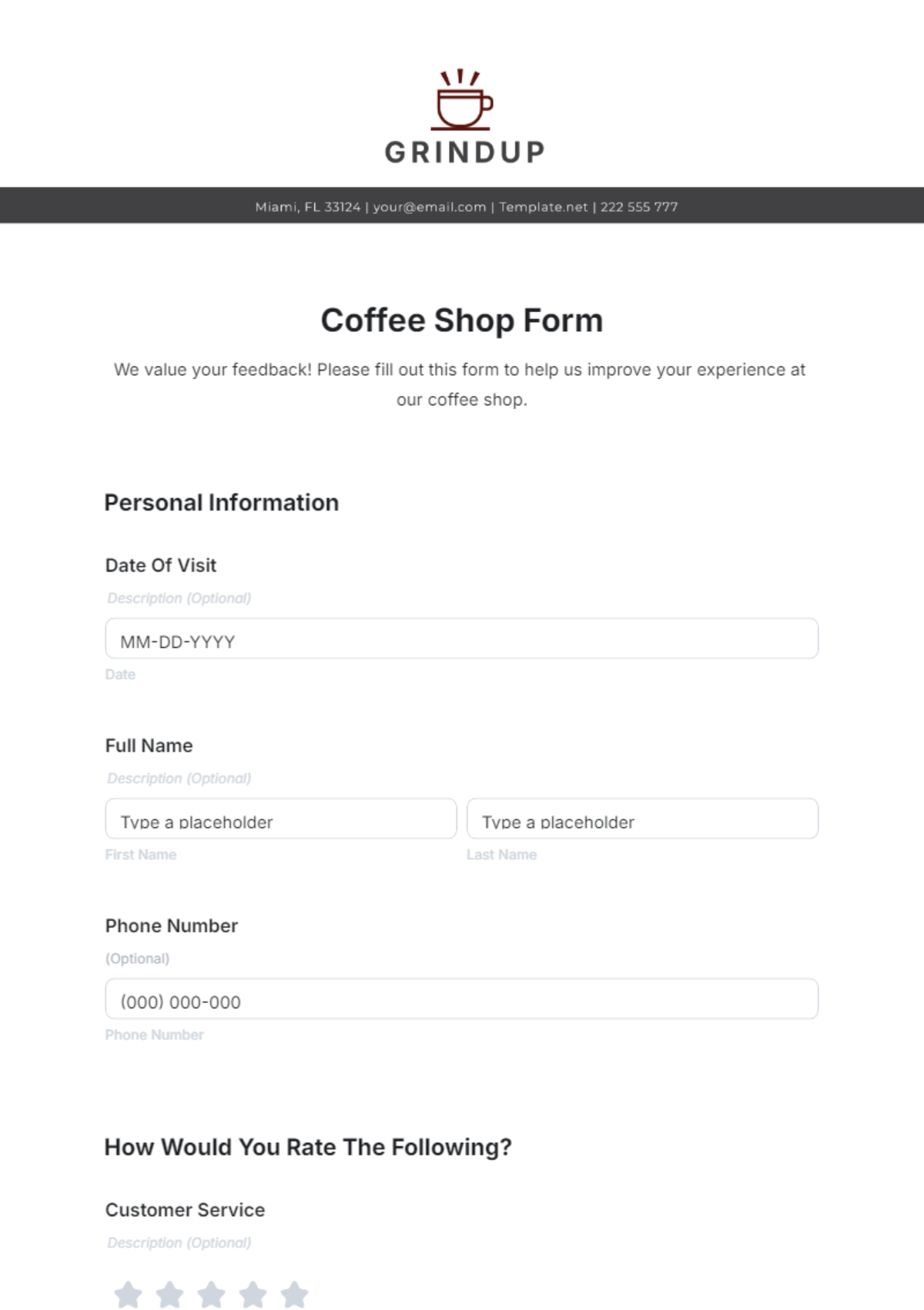 Coffee Shop Form Template