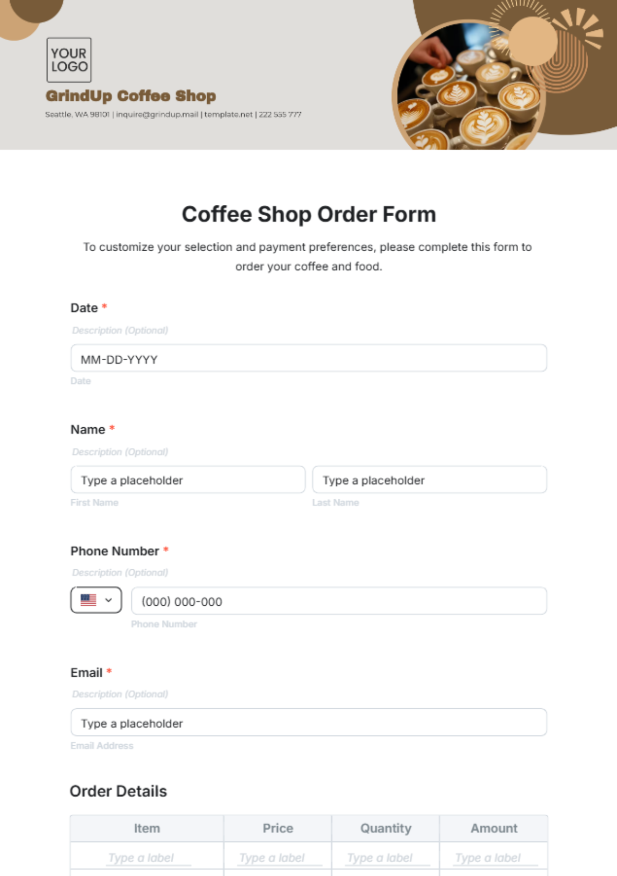 Coffee Shop Order Form Template - Edit Online & Download