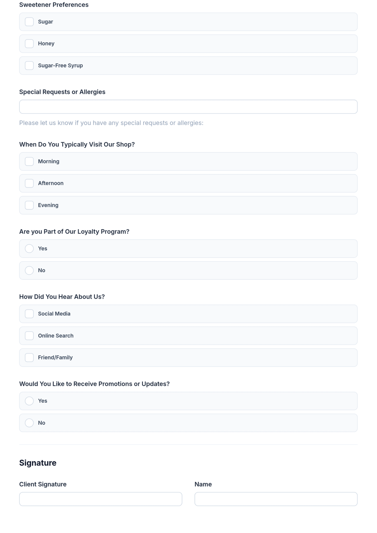 Free Coffee Shop Information Form Template & AI Maker Free Coffee Shop Information Form Template & AI Maker