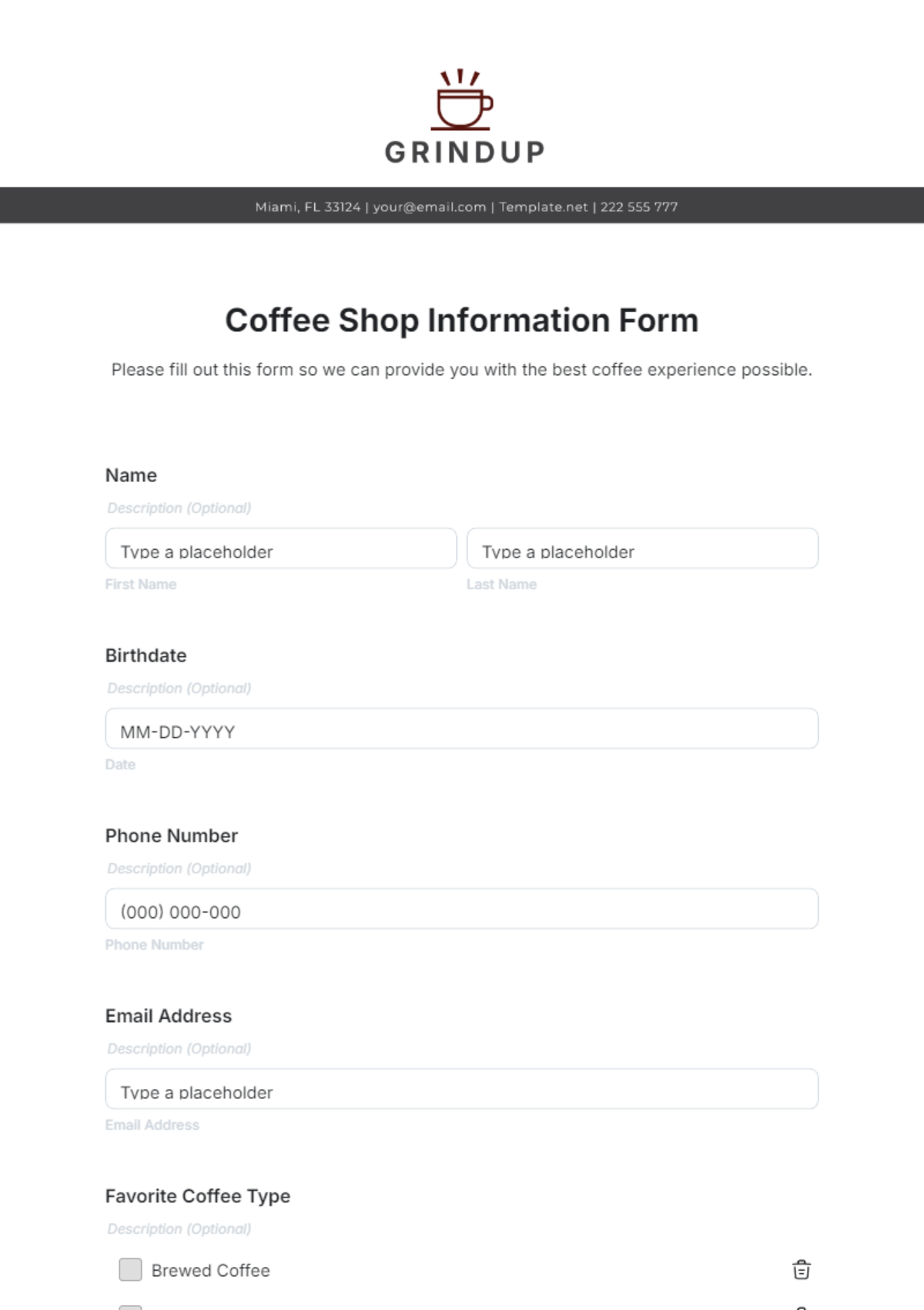 Free Coffee Shop Information Form Template - Edit Online & Download ...