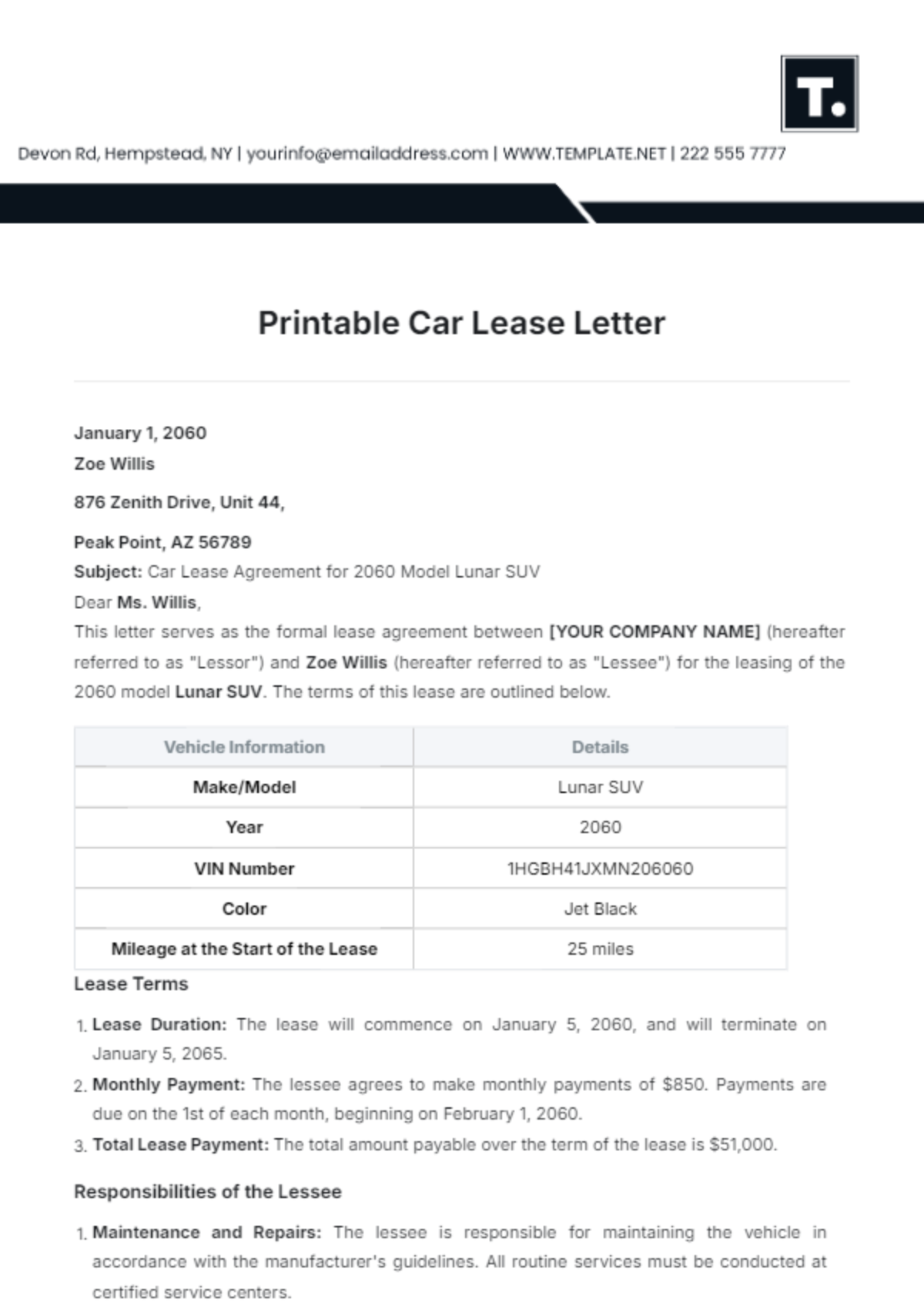 Printable Car Lease Letter Template