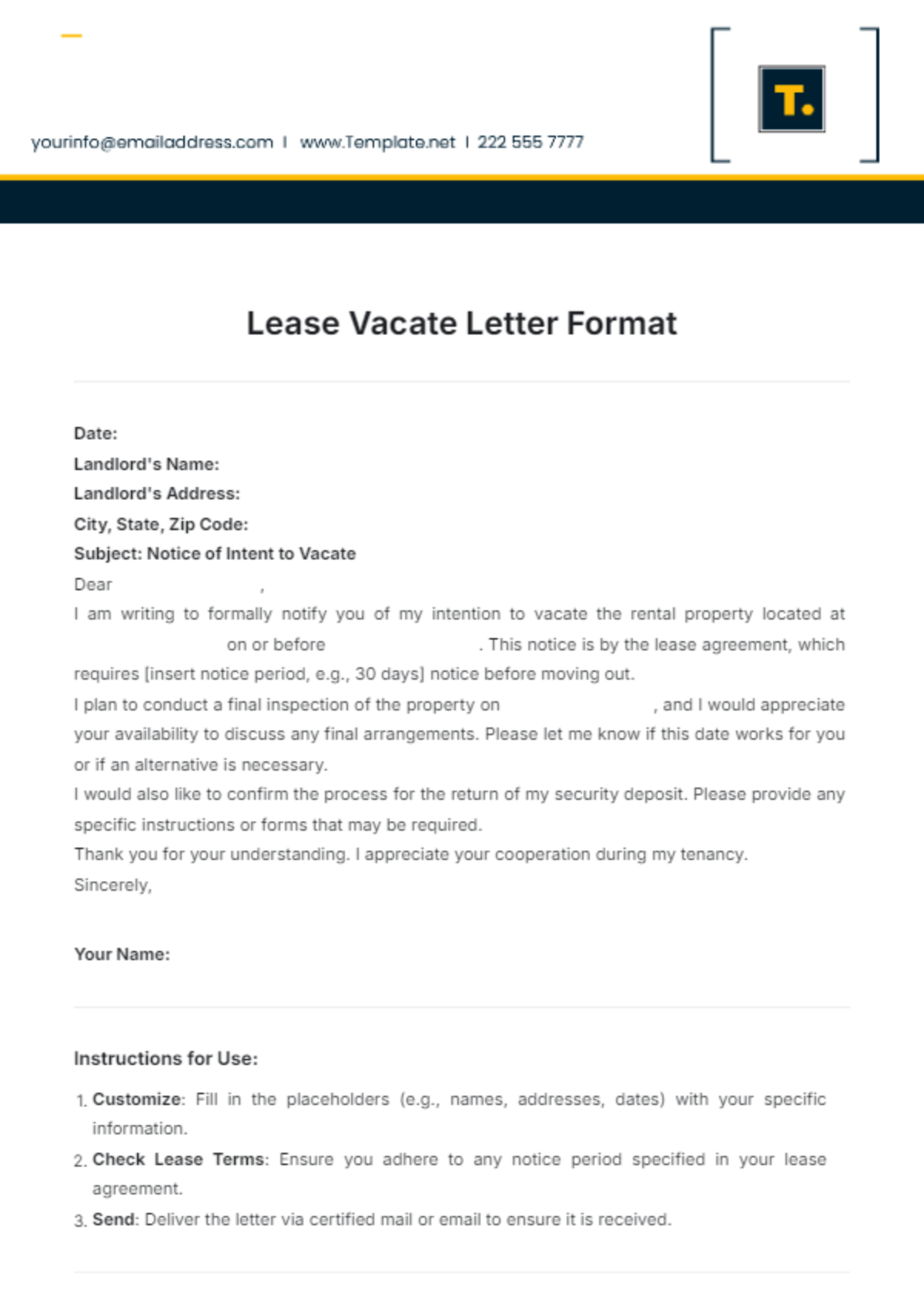 Lease Vacate Letter Format Template