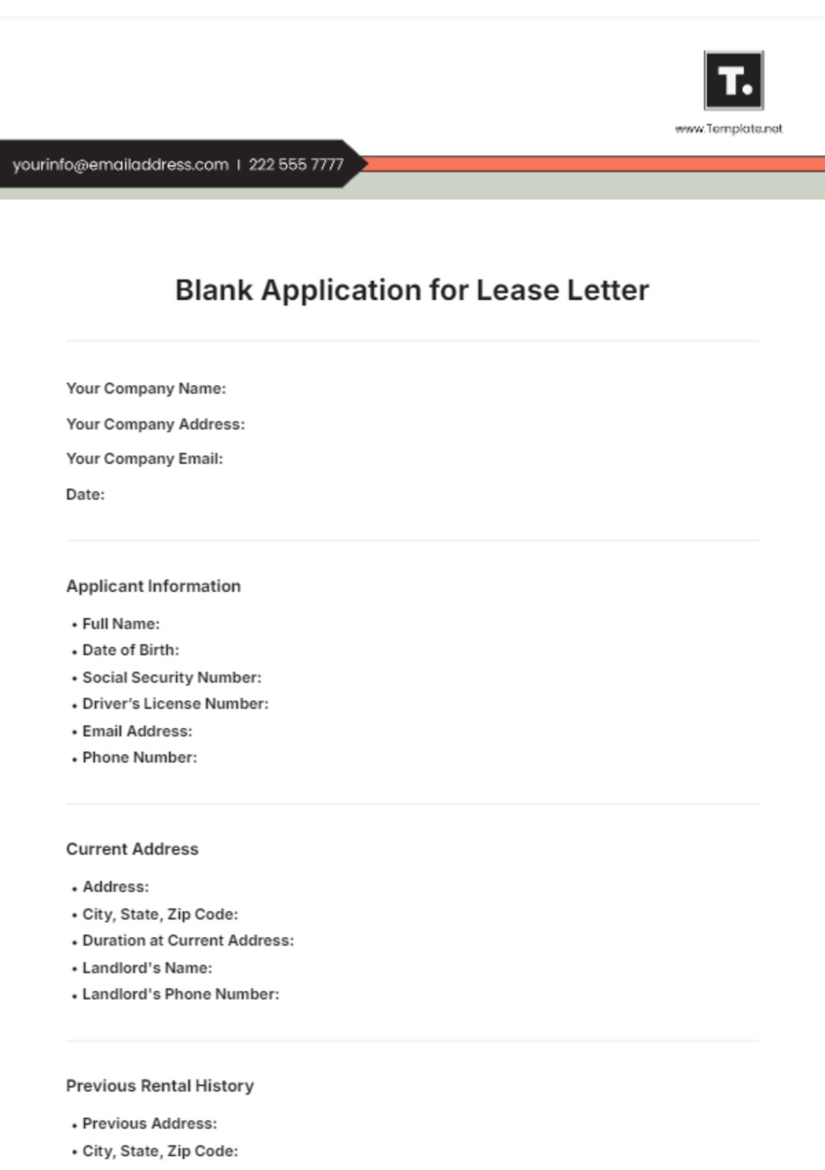 Blank Application for Lease Letter Template