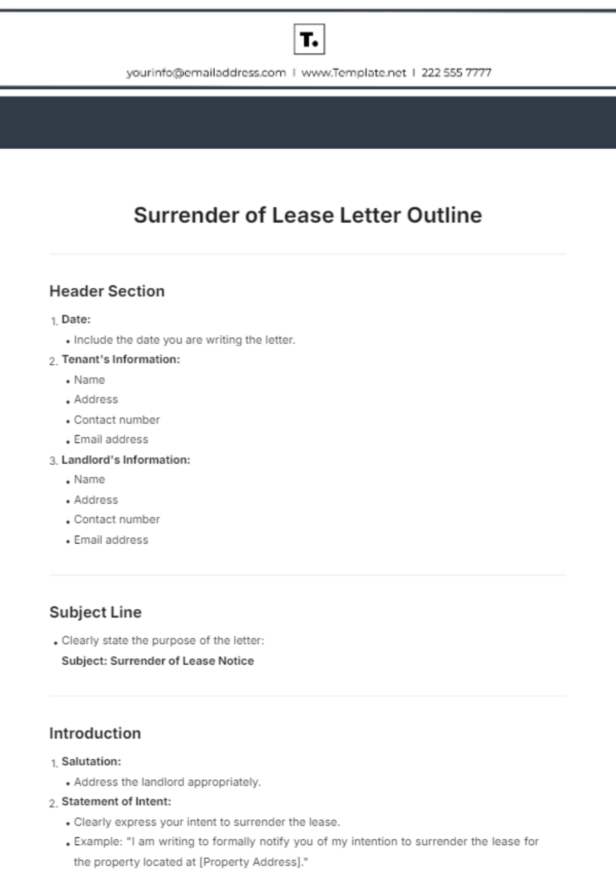 Surrender of Lease Letter Outline Template