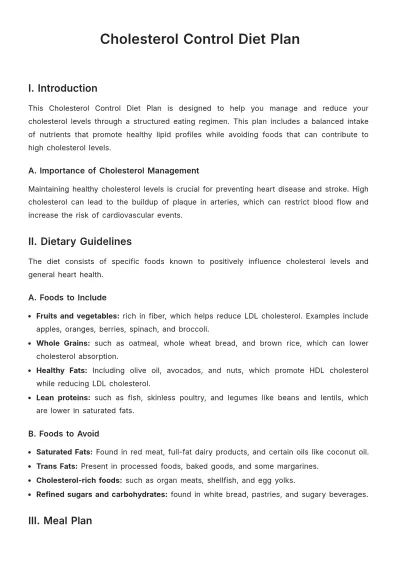 Free Cholesterol Control Diet Plan Template to Edit Online