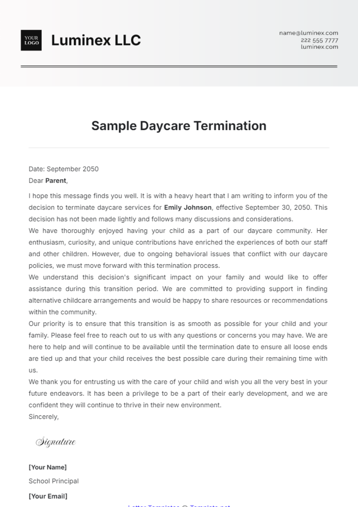 Sample Daycare Termination Letter Template