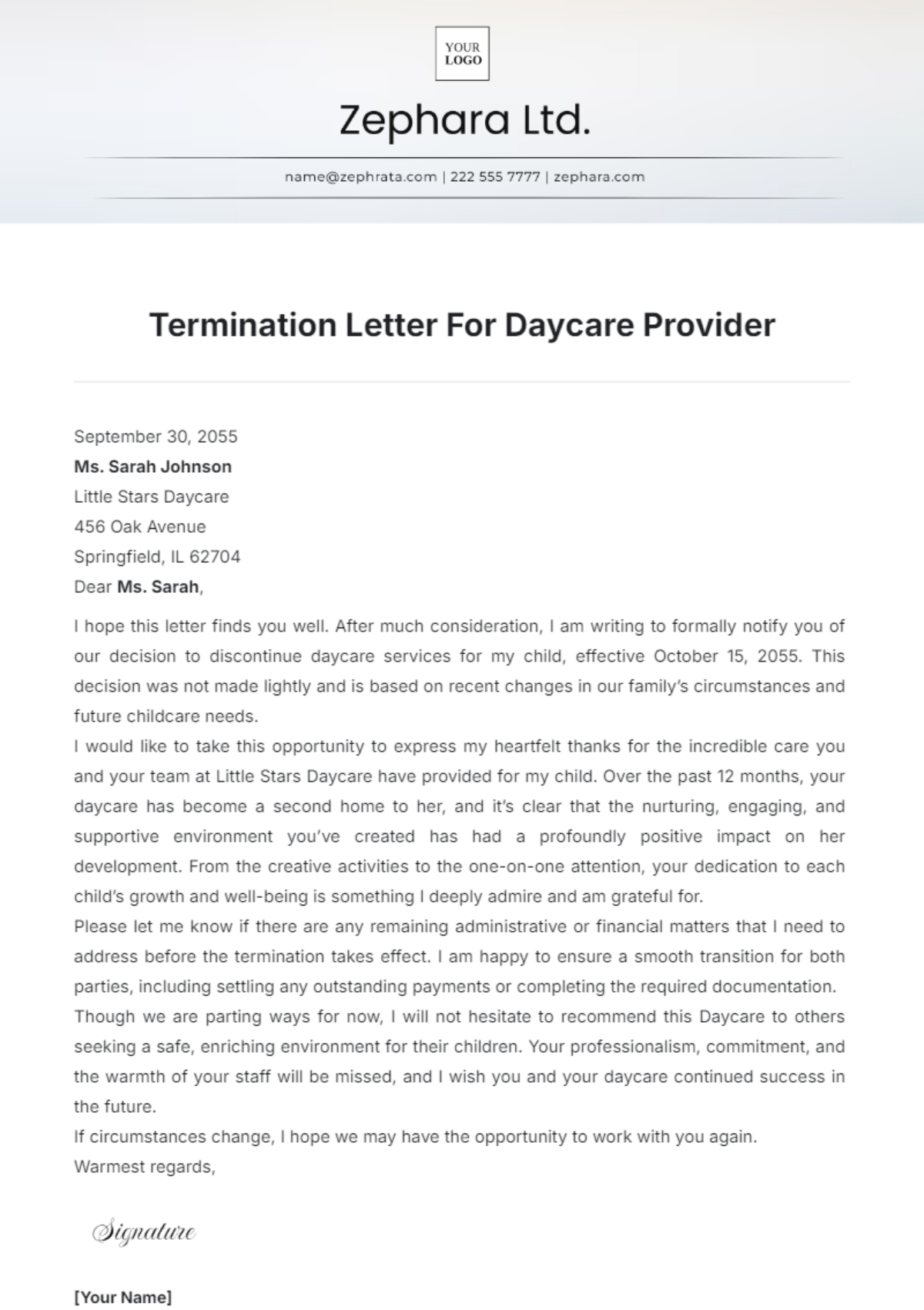 Termination Letter For Daycare Provider Template