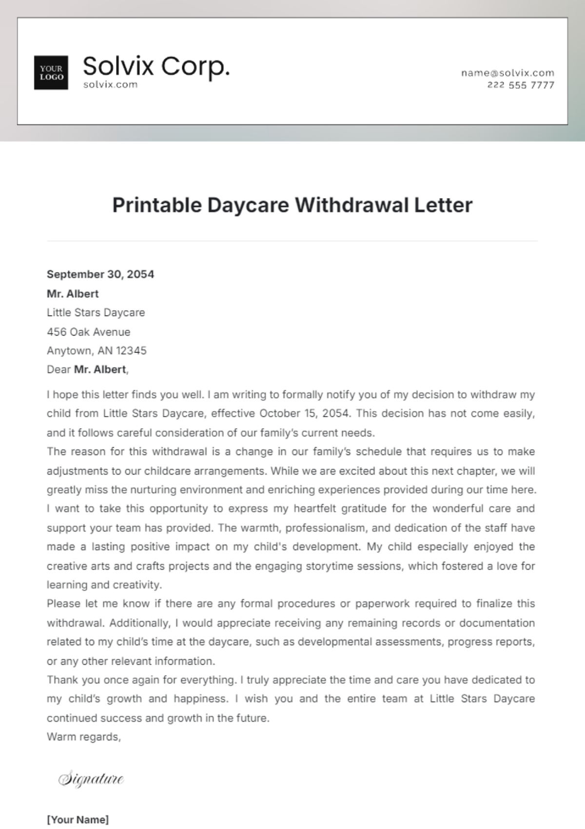 Printable Daycare Withdrawal Letter Template