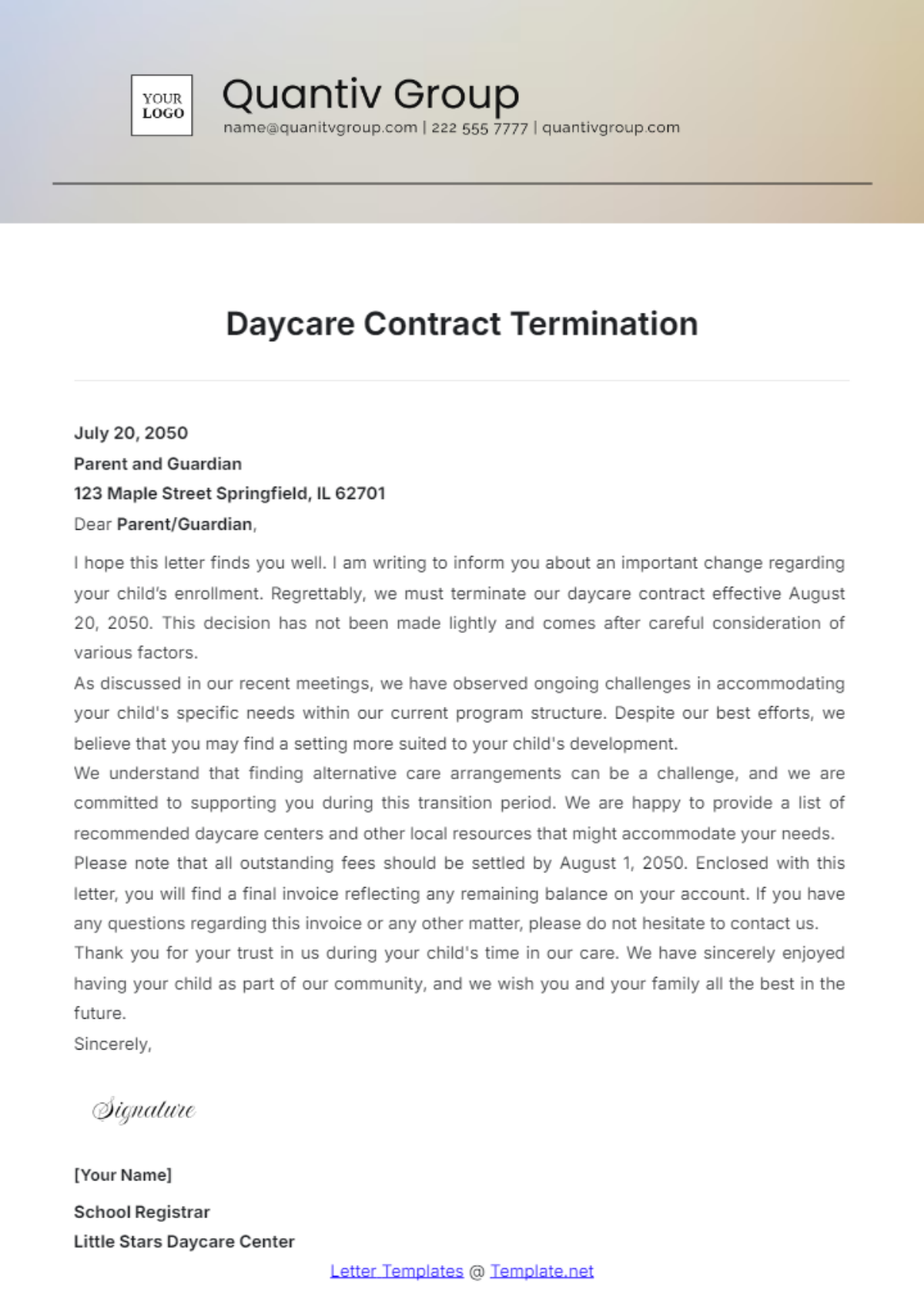 Daycare Contract Termination Template