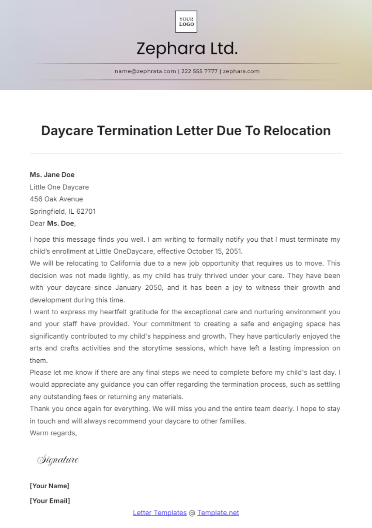 Daycare Termination Letter Due To Relocation Template