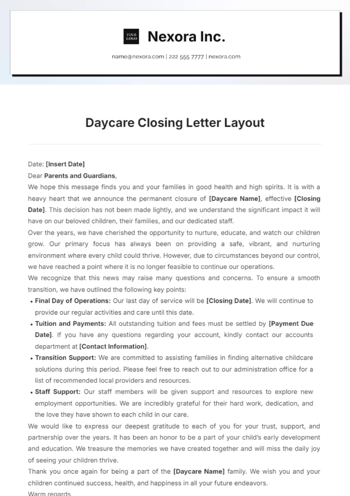 Daycare Closing Letter Layout Template