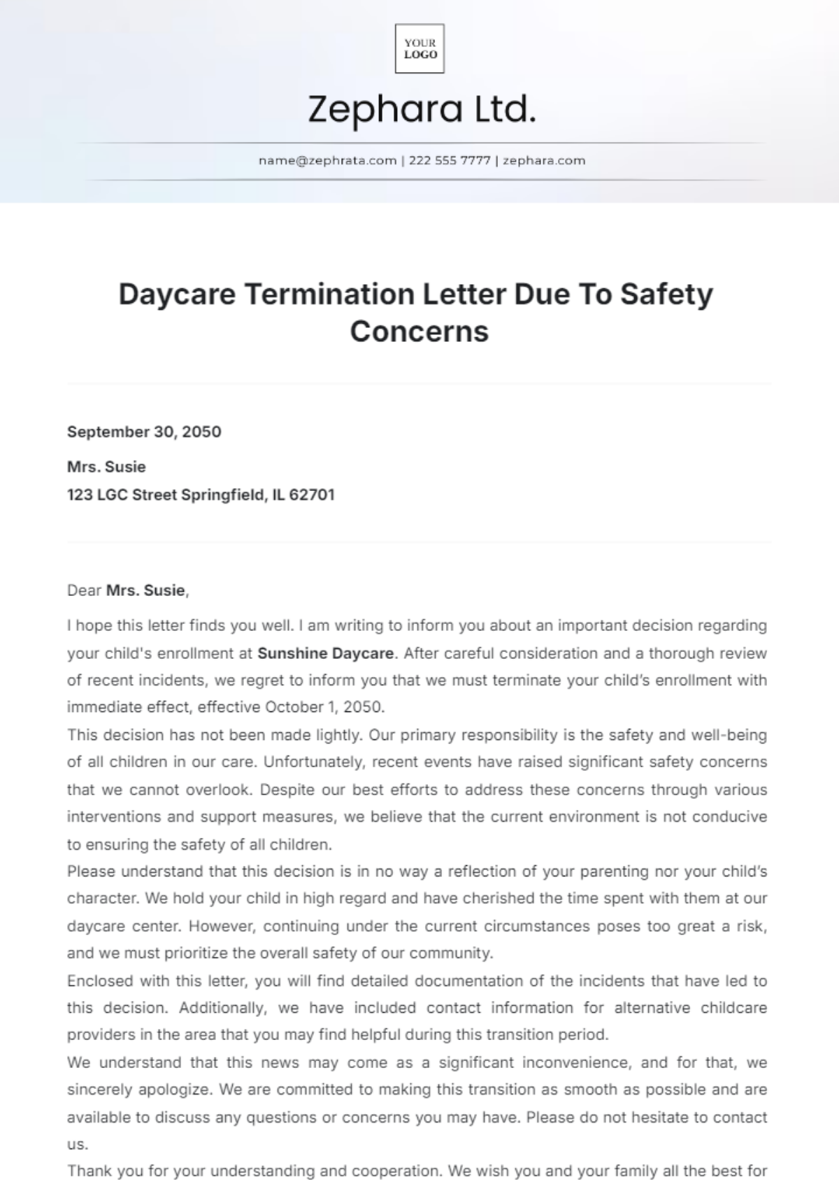 Daycare Termination Letter Due To Safety Concerns Template