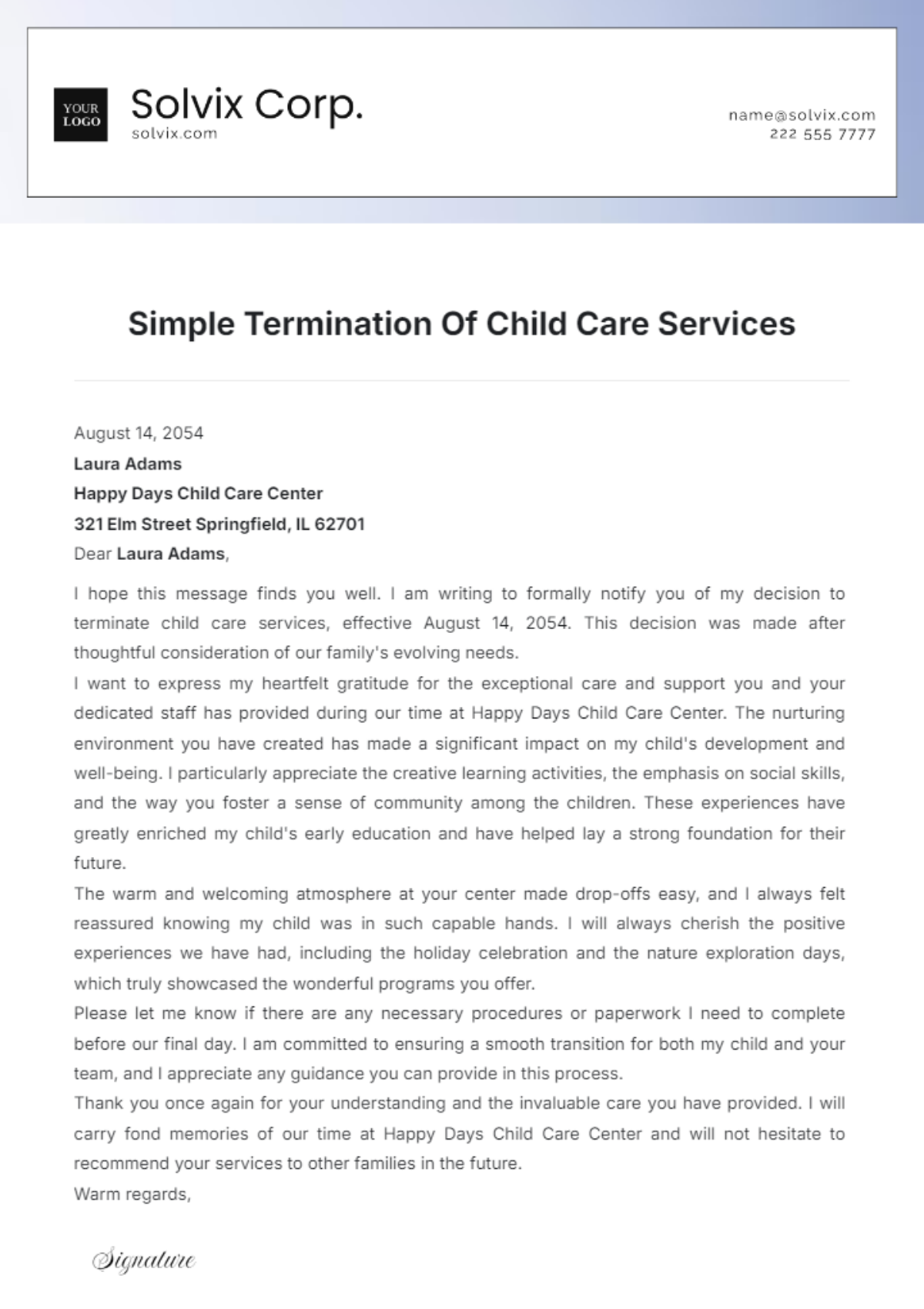 Simple Termination Of Child Care Services Template