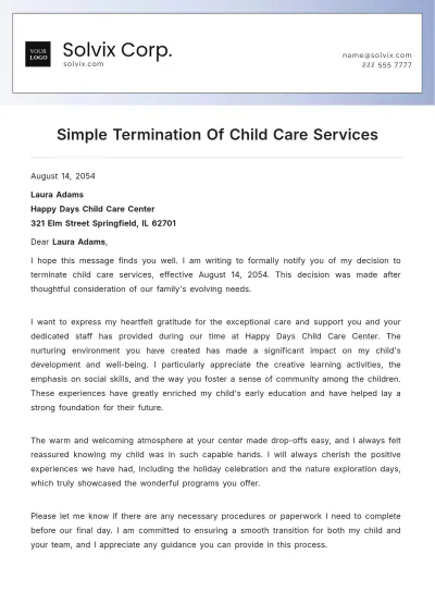 Free Simple Termination Of Child Care Services Template to Edit Online