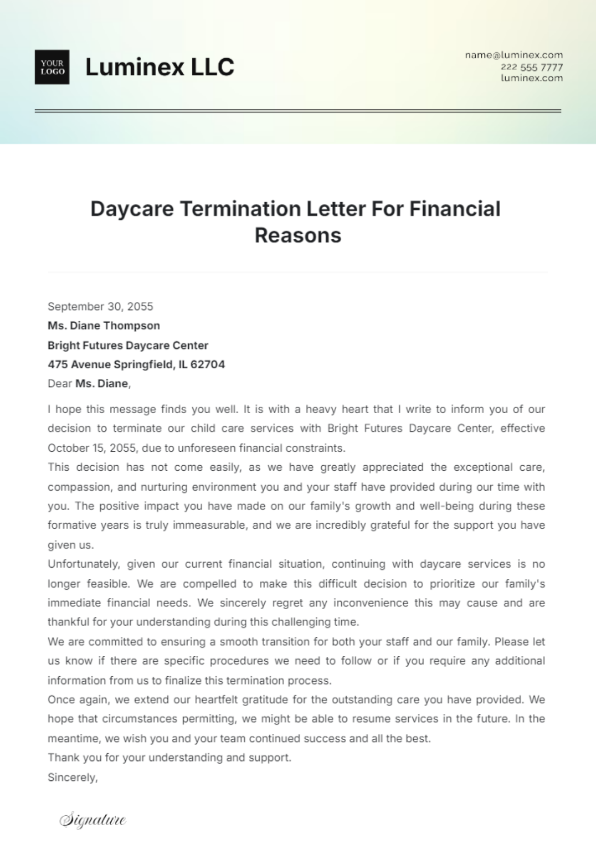 Daycare Termination Letter For Financial Reasons Template