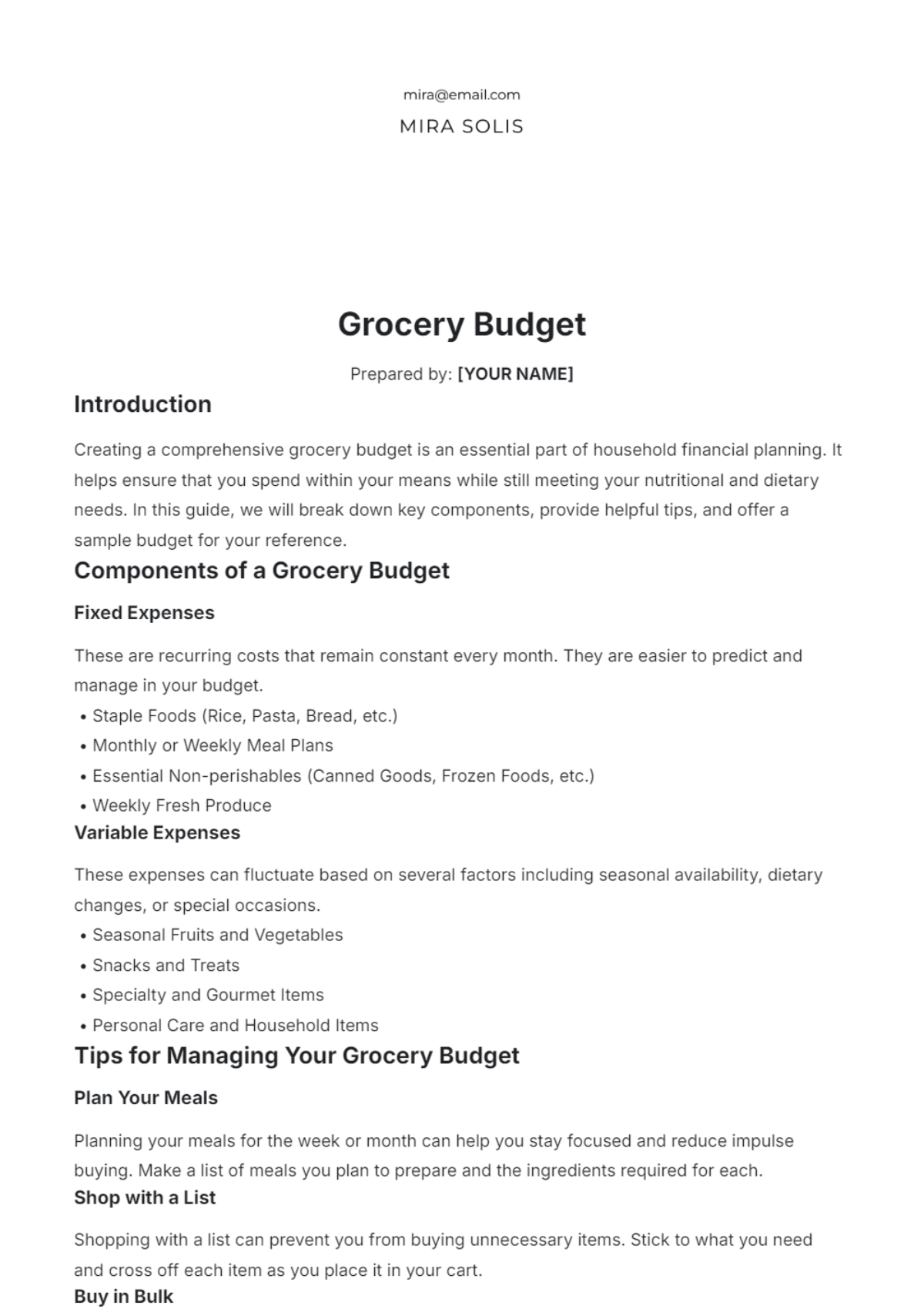 Grocery Budget Template - Edit Online & Download