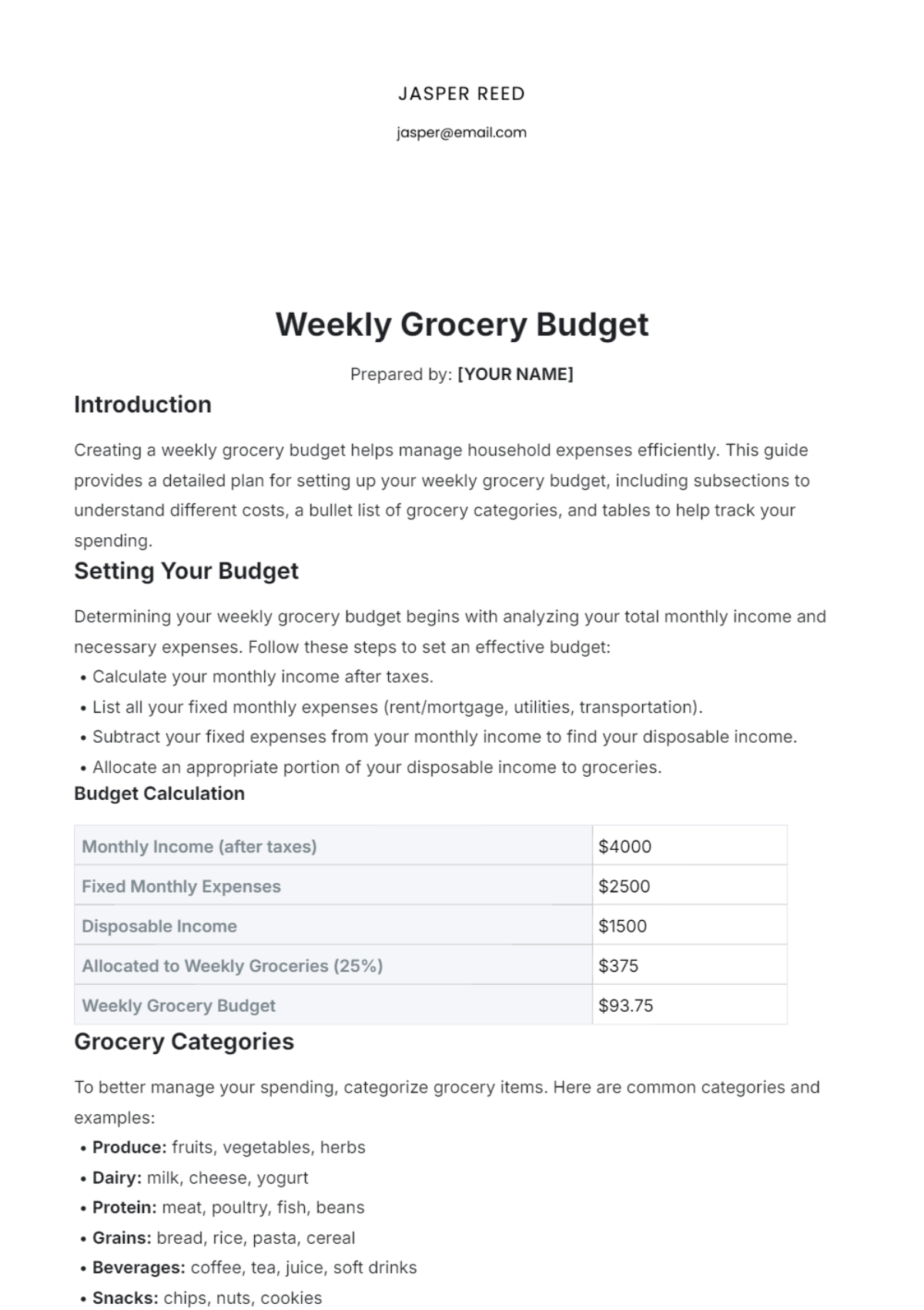 Weekly Grocery Budget Template - Edit Online & Download