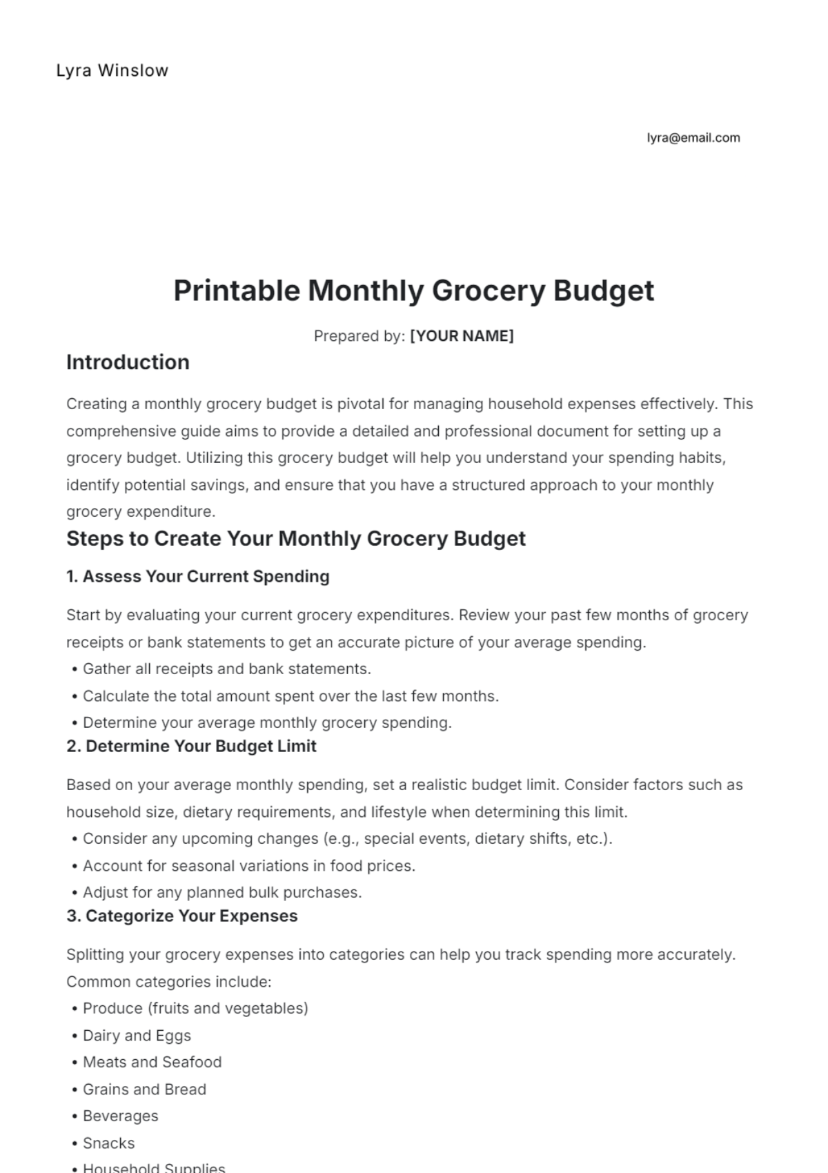 Printable Monthly Grocery Budget Template