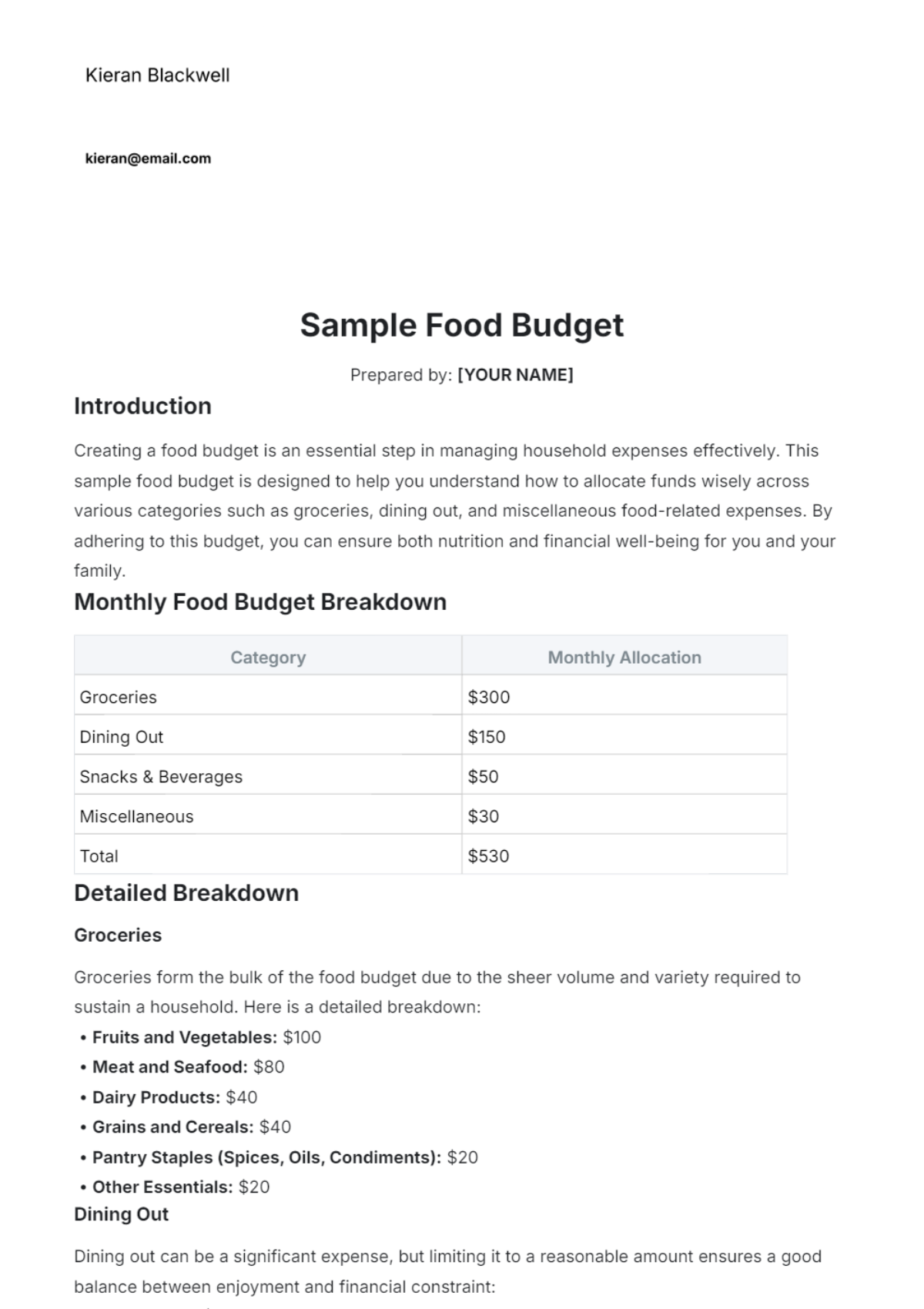 Sample Food Budget Template - Edit Online & Download