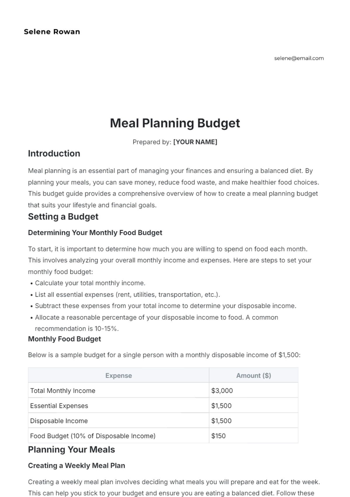 Meal Planning Budget Template - Edit Online & Download