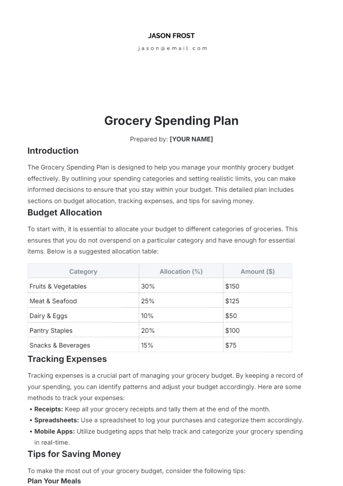 Grocery Spending Plan Template