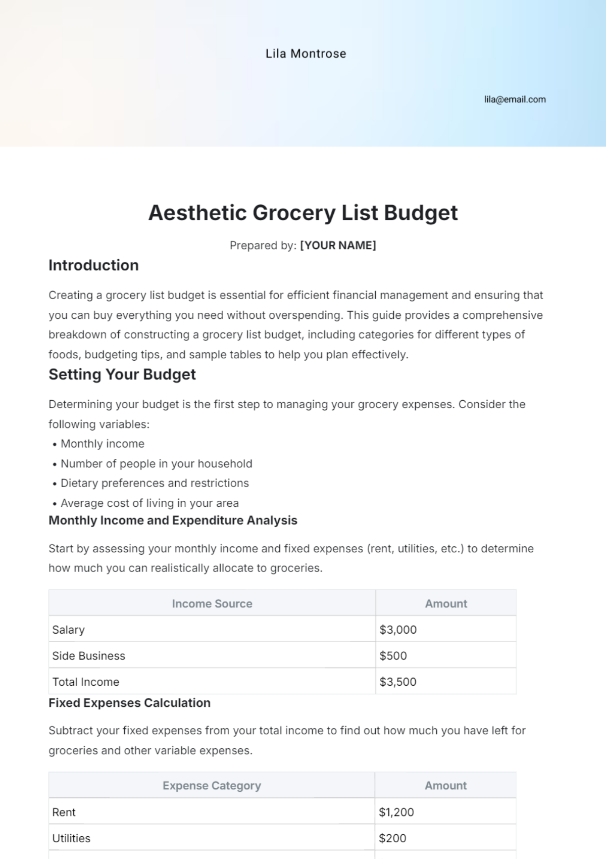 Aesthetic Grocery List Budget Template - Edit Online & Download