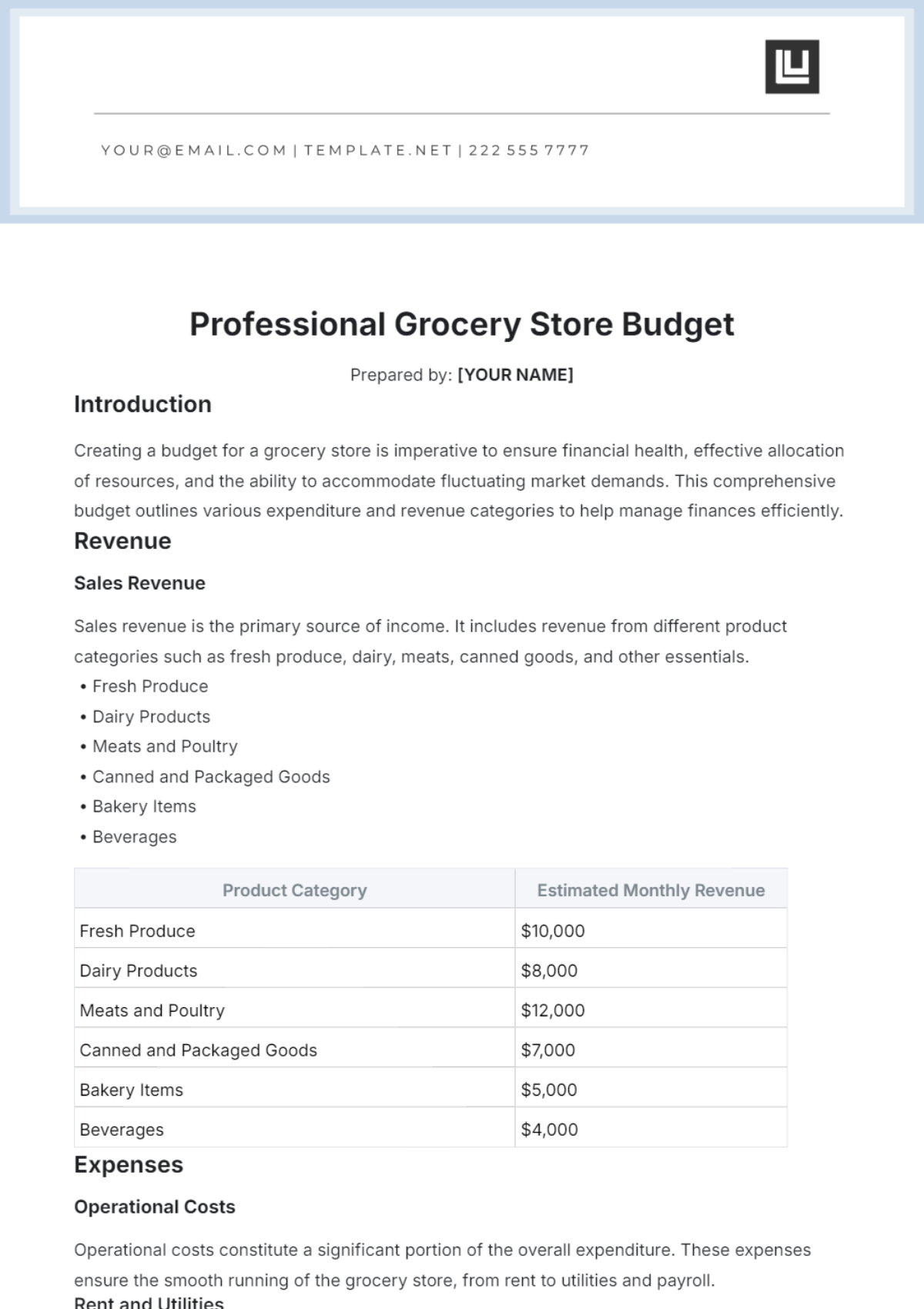 Professional Grocery Store Budget Template - Edit Online & Download