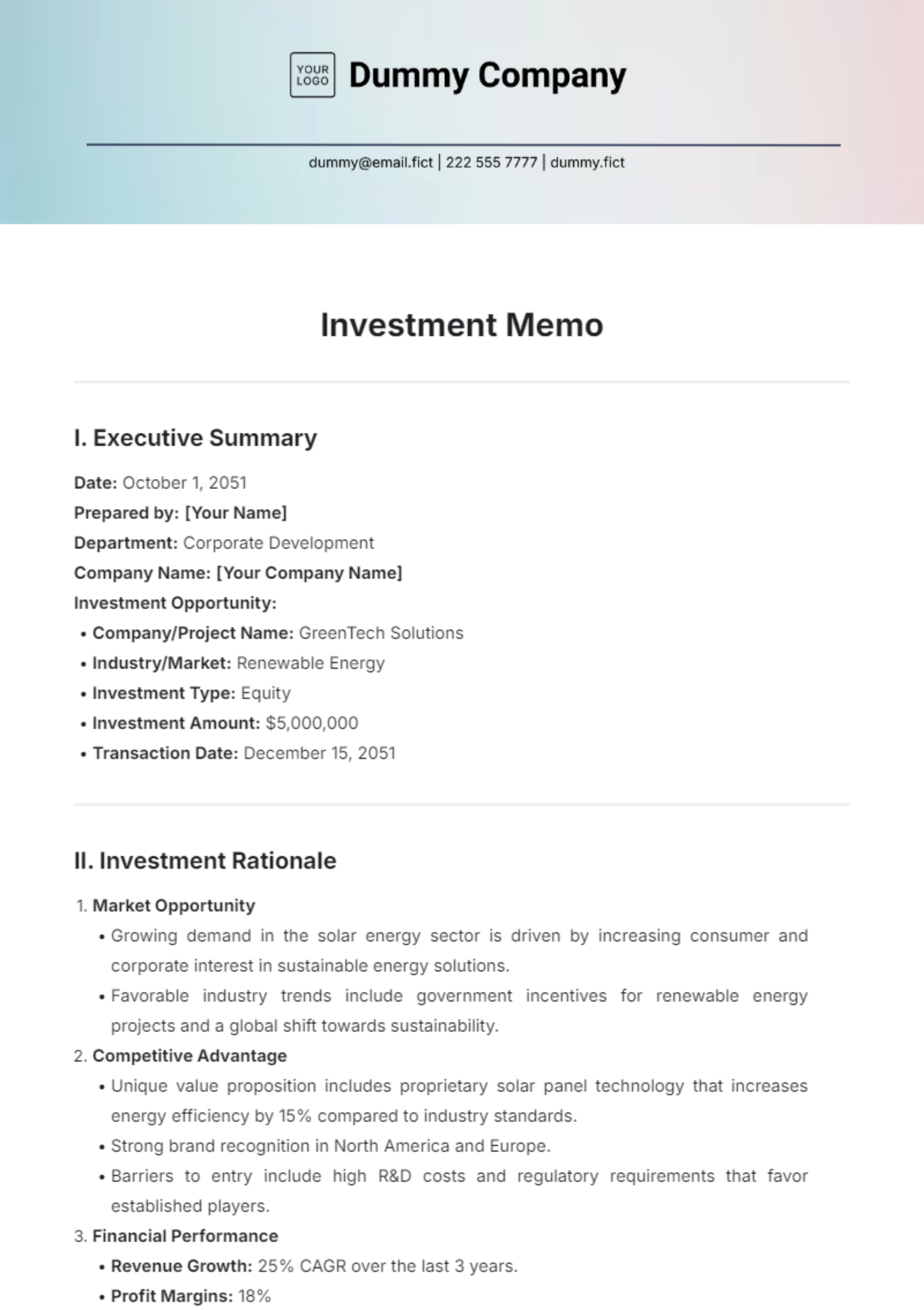 Investment Memo Template - Edit Online & Download