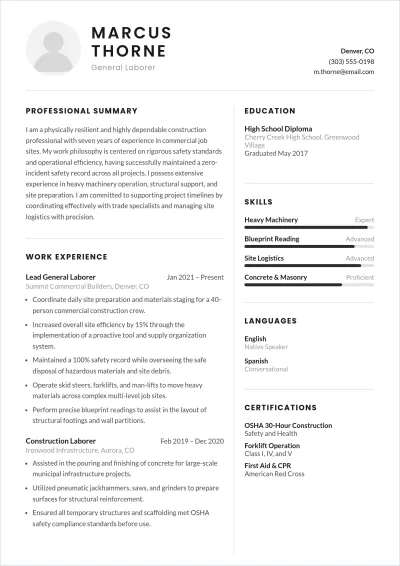 Free Sample Worker ATS Resume Template, AI Resume Builder