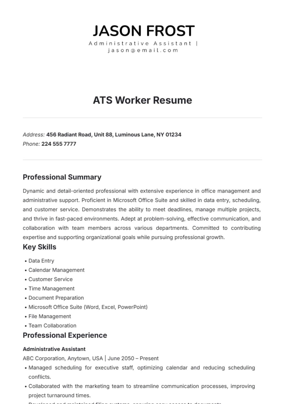 ATS Worker Resume Template - Edit Online & Download