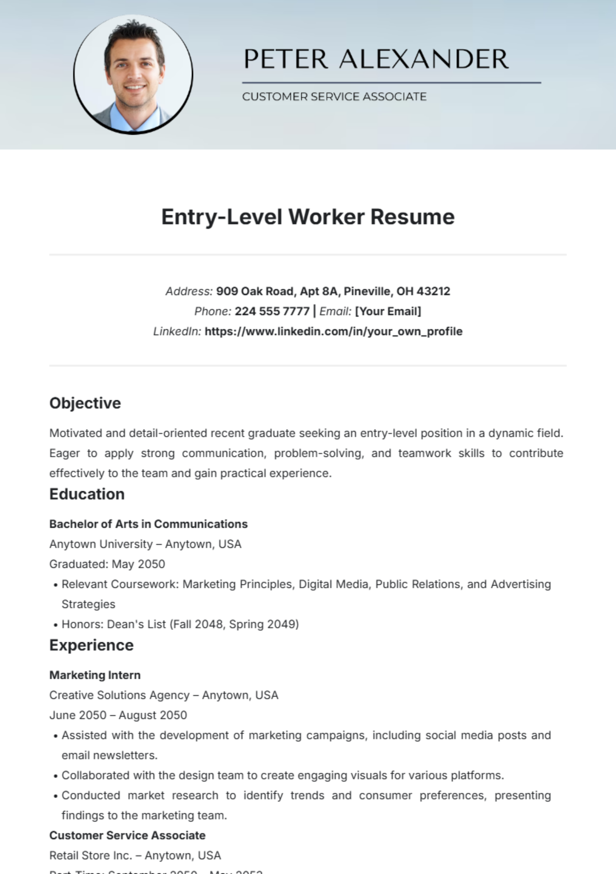 Entry-Level Worker Resume Template - Edit Online & Download