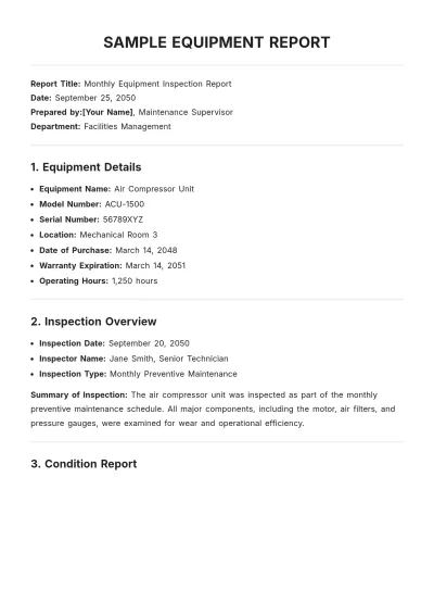 Free Sample Equipment Report Template to Edit Online