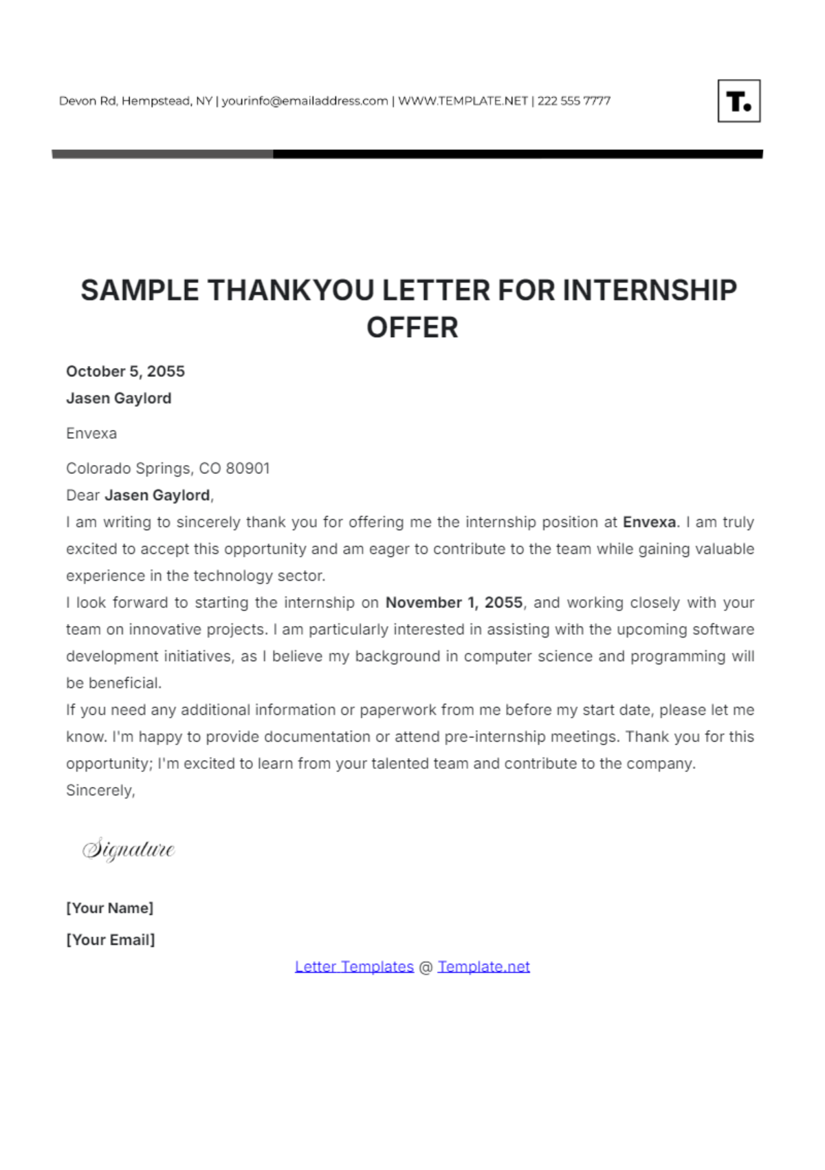 Sample Thank You Letter for Internship Offer Template