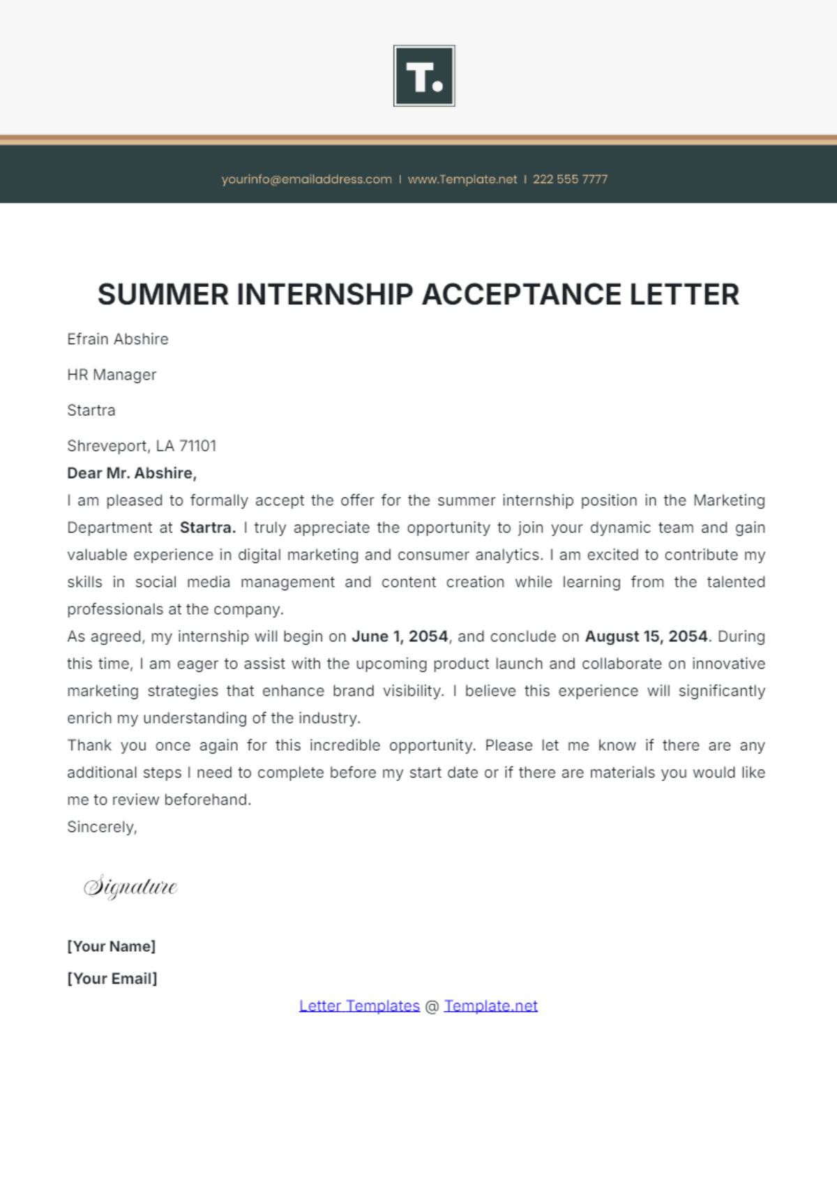 Summer Internship Acceptance Letter Template