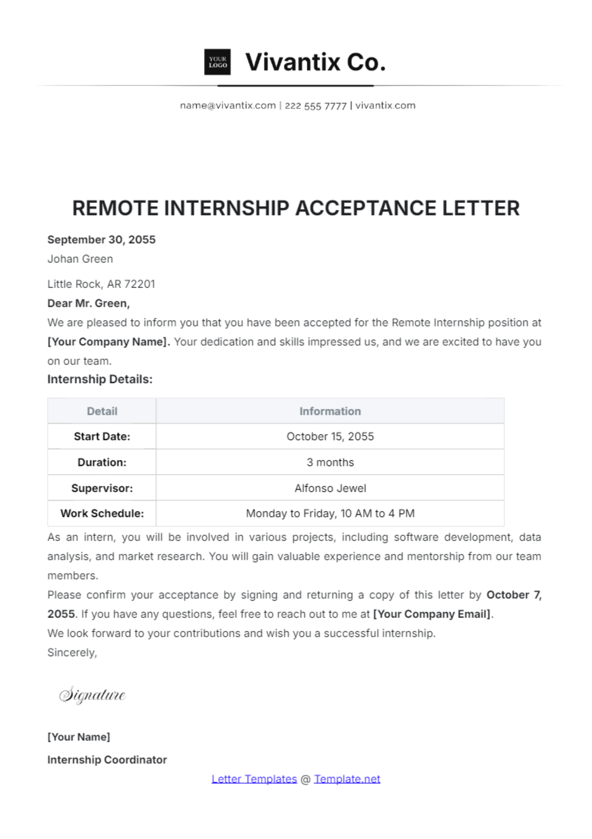 Remote Internship Acceptance Letter Template