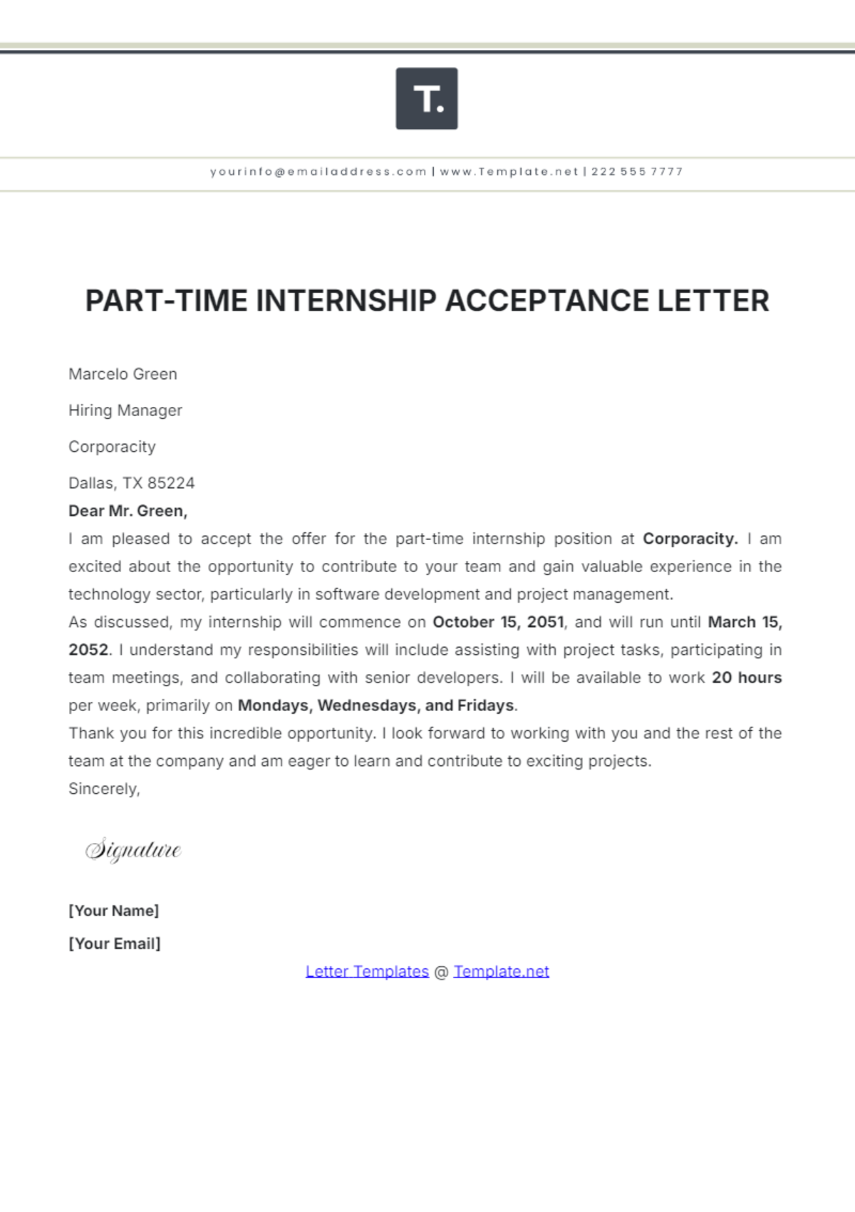 Part-Time Internship Acceptance Letter Template