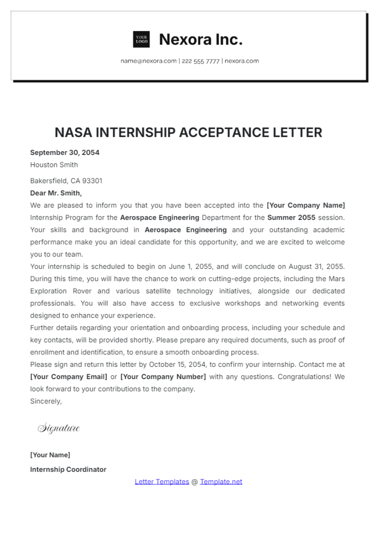 NASA Internship Acceptance Letter Template