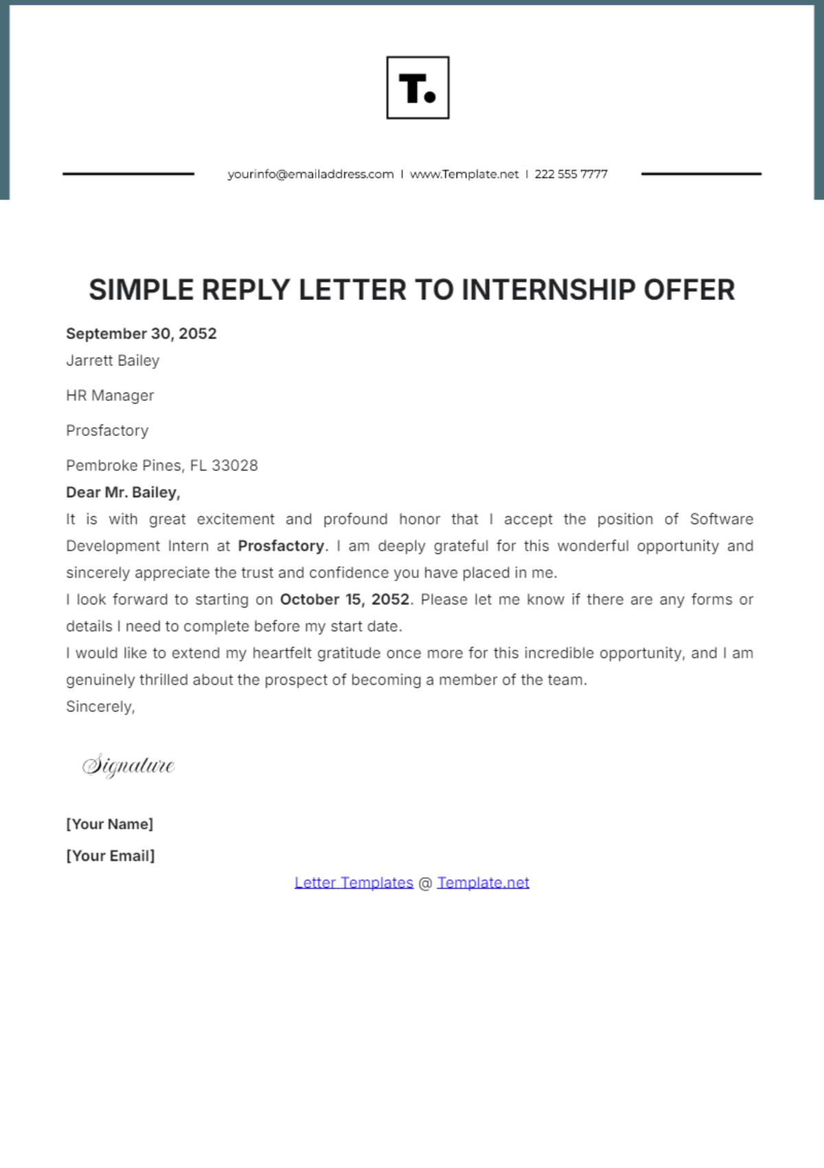 Simple Reply Letter to Internship Offer Template