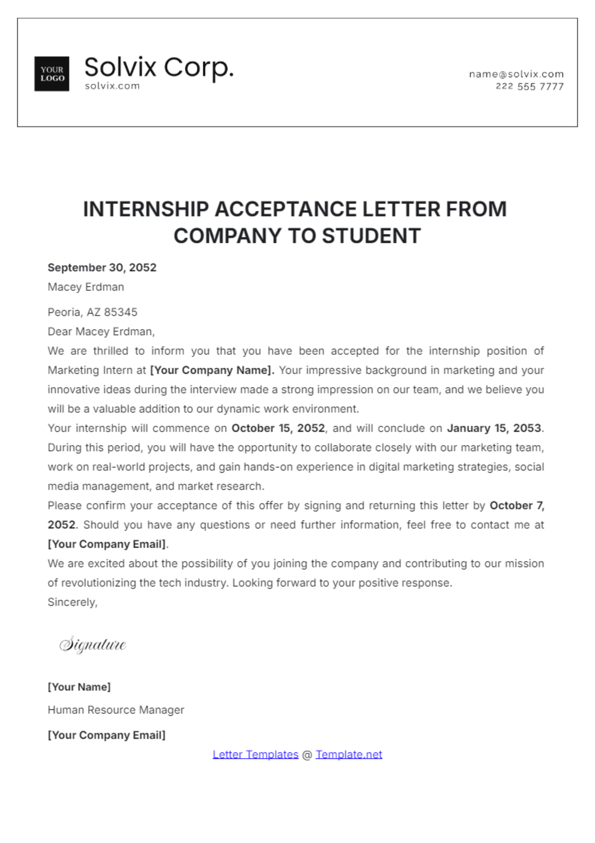 Internship Acceptance Letter from Company to Student Template