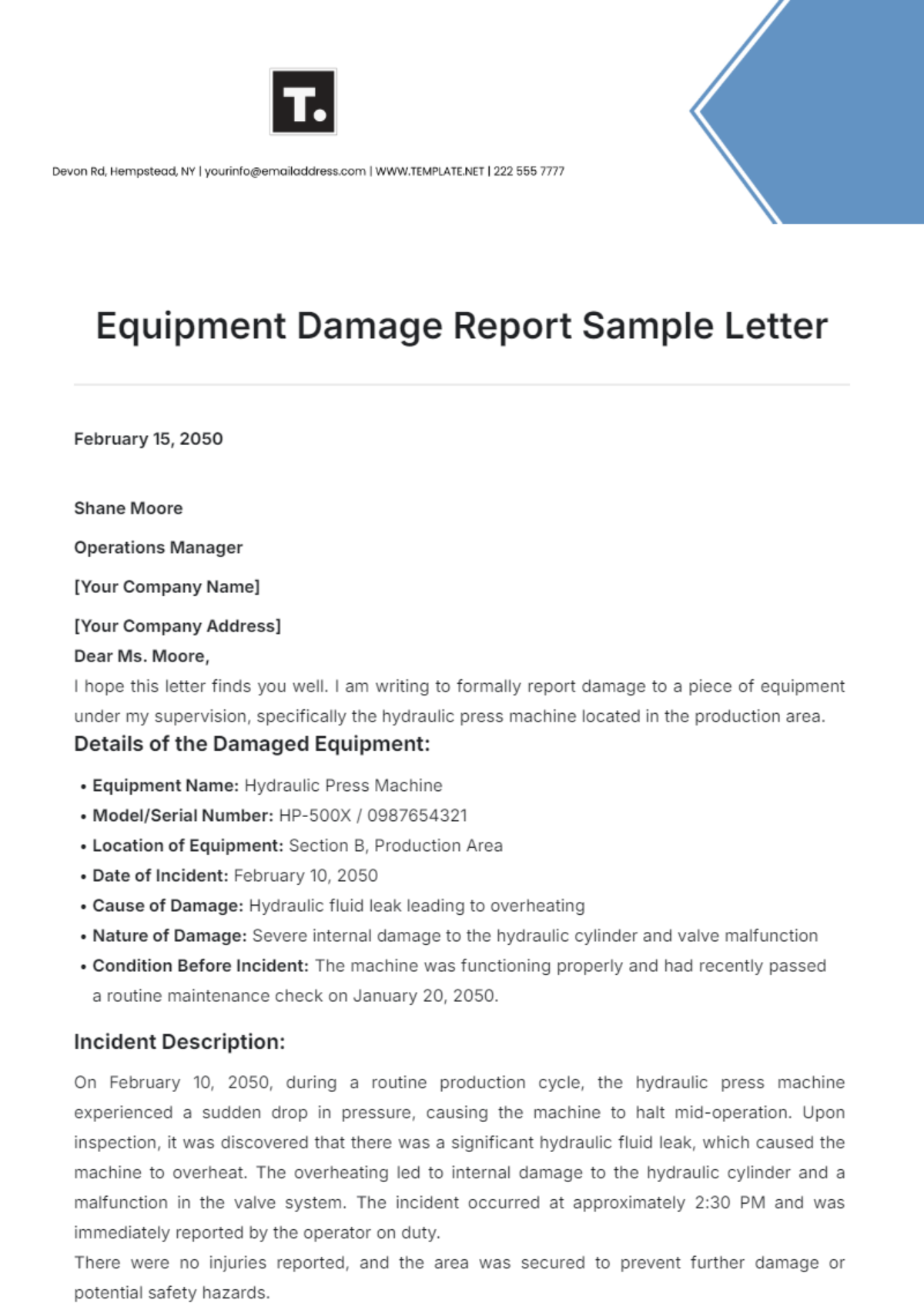 Equipment Damage Report Sample Letter Template - Edit Online & Download