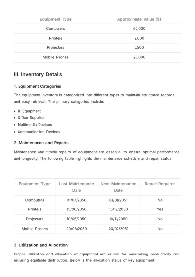 Free Professional Inventory Report for Equipment Template to Edit Online