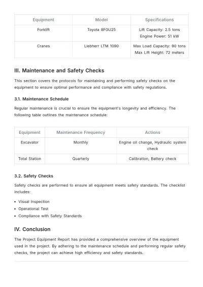 Free Project Equipment Report Template to Edit Online