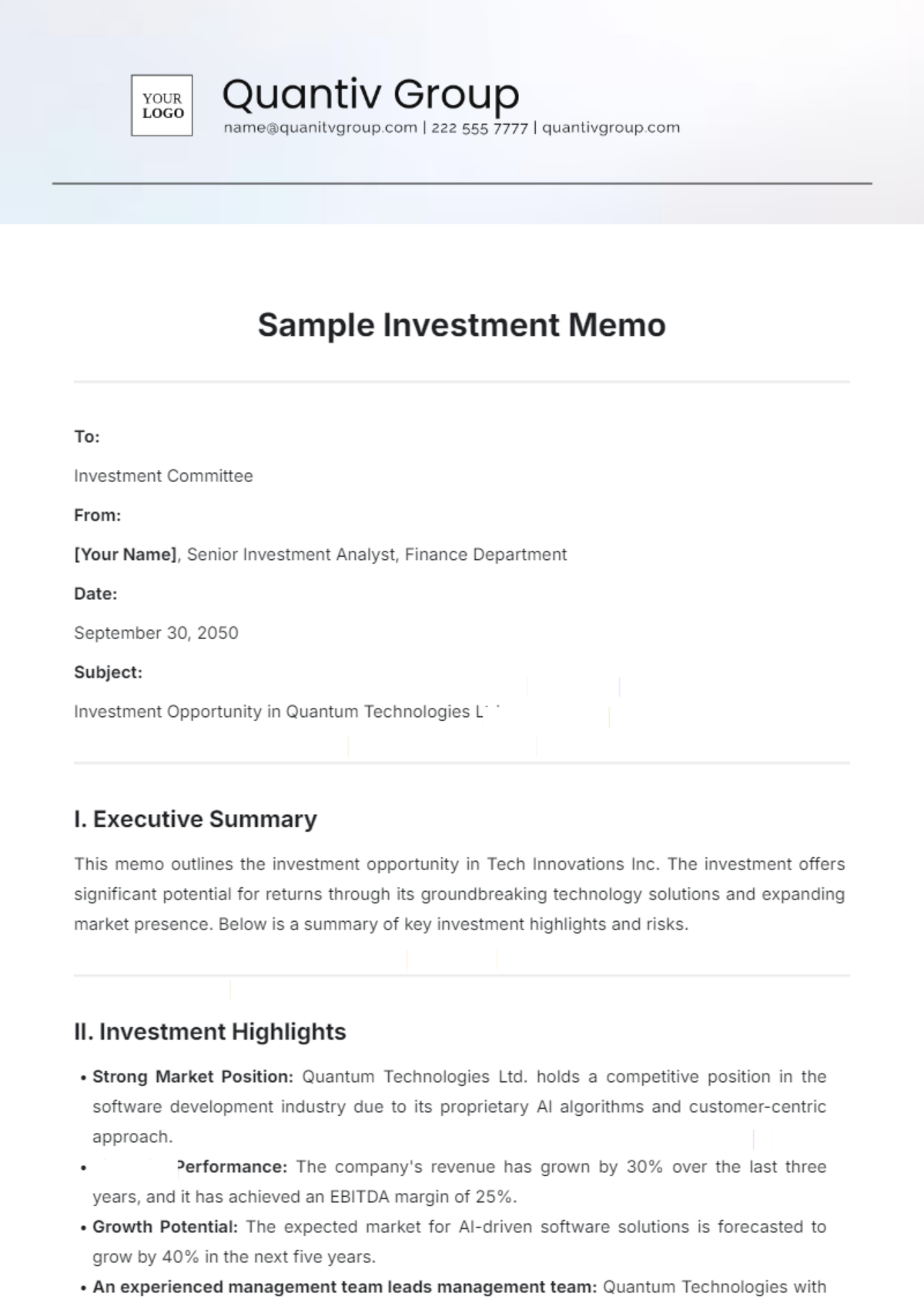 Sample Investment Memo Template - Edit Online & Download