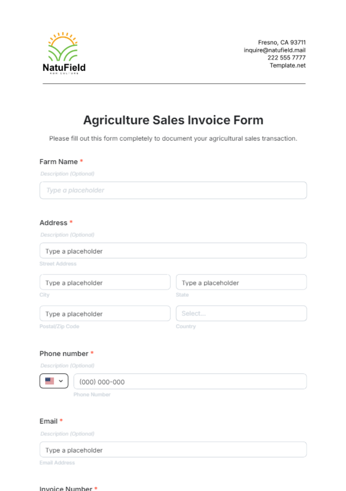 Agriculture Sales Invoice Form Template - Edit Online & Download