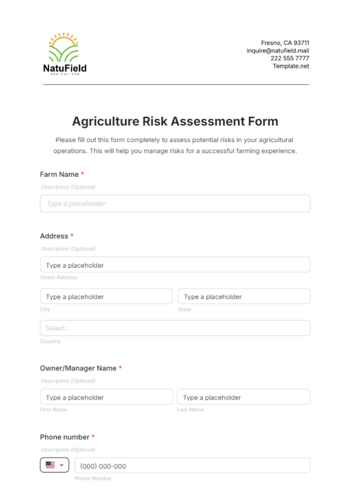 Agriculture Risk Assessment Form Template - Edit Online & Download