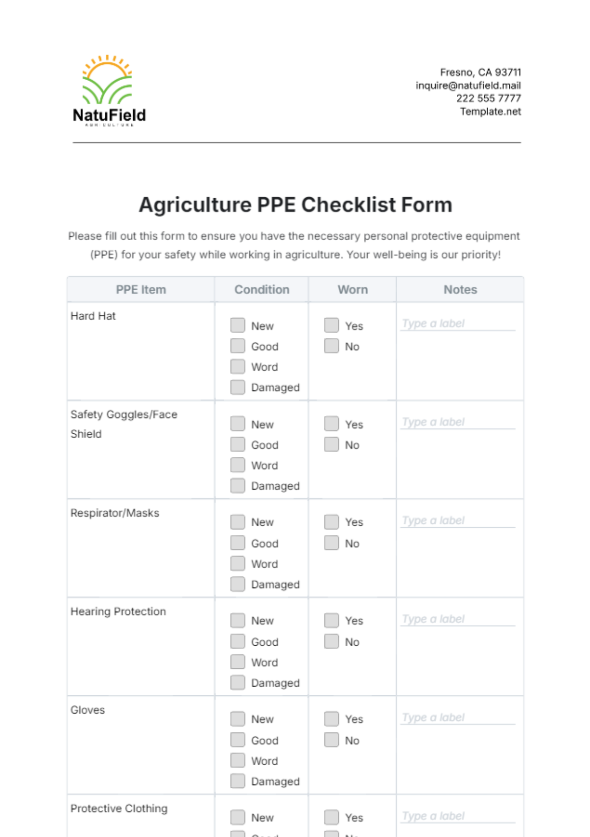 Agriculture PPE Checklist Form Template - Edit Online & Download