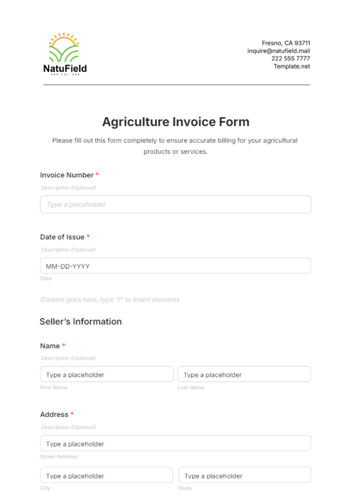 Agriculture Invoice Form Template - Edit Online & Download