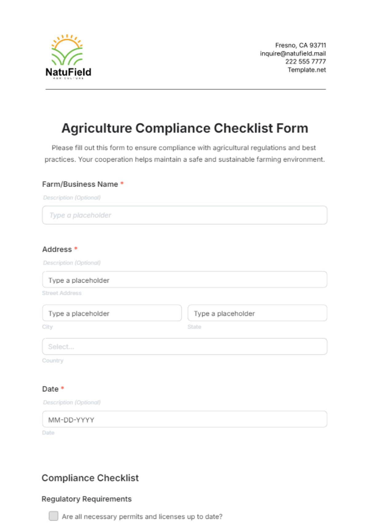 Agriculture Compliance Checklist Form Template - Edit Online & Download