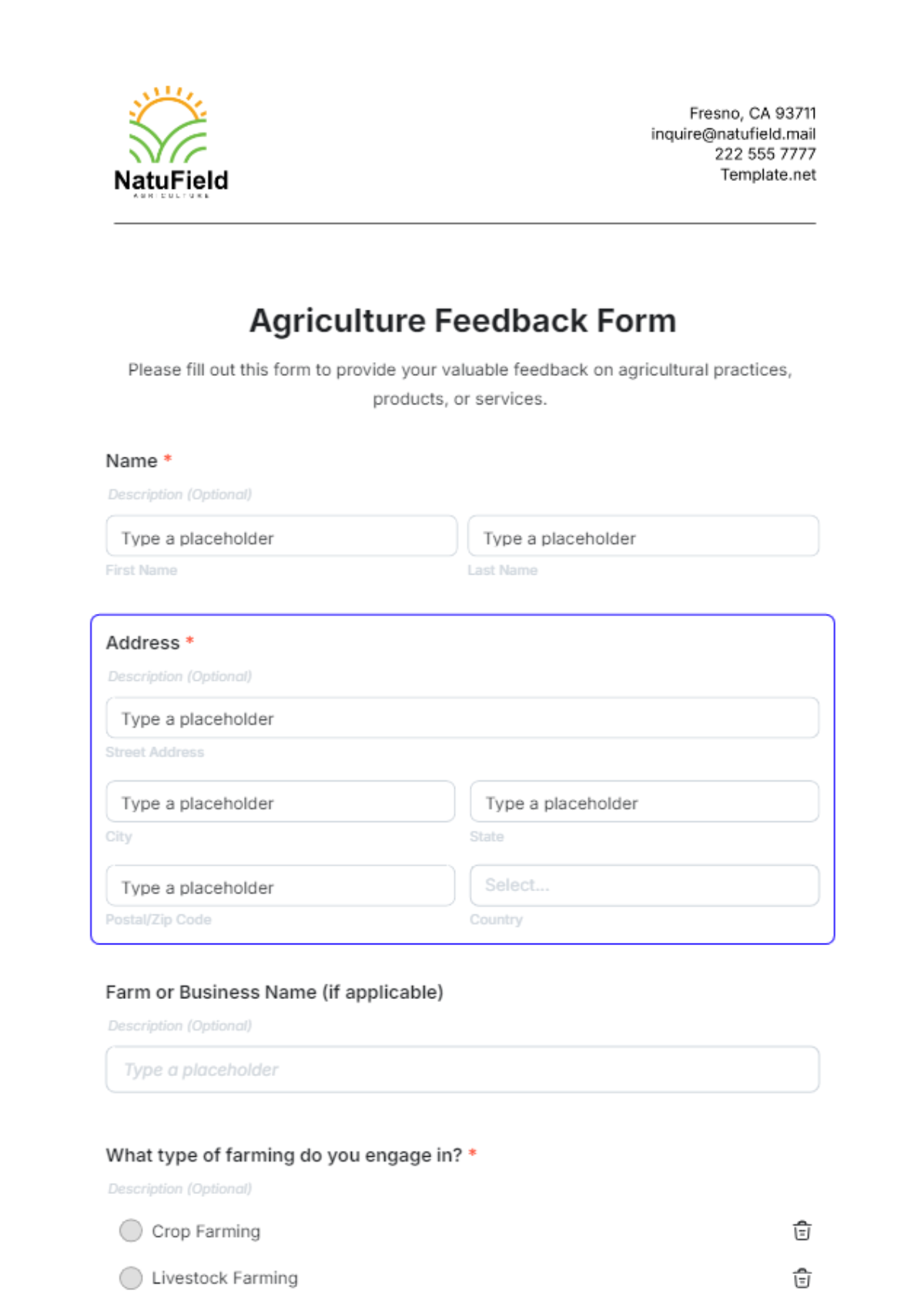 Agriculture Feedback Form Template - Edit Online & Download