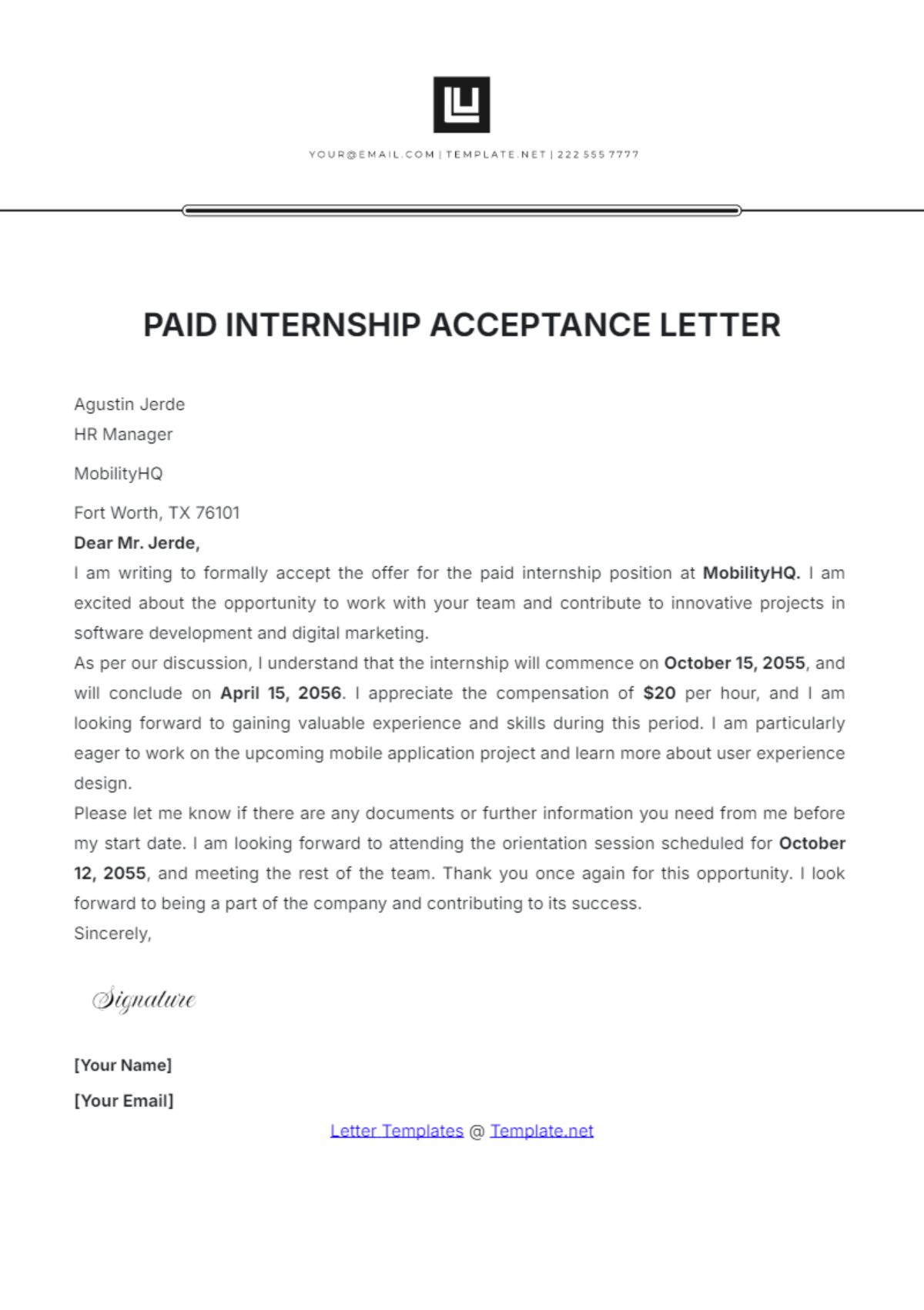 Paid Internship Acceptance Letter Template